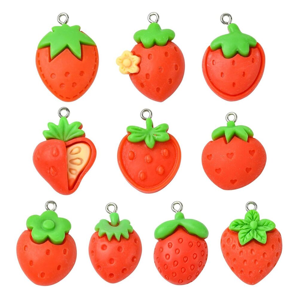 9950 60 pcs 10 Styles Red Strawberry Theme Resin Charms Lovely Fruit Food